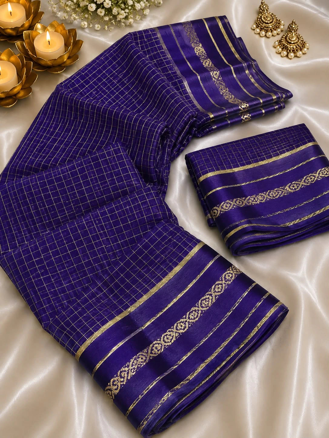 Viscose Georgette Chex Satin Border Saree with Running Blouse 3