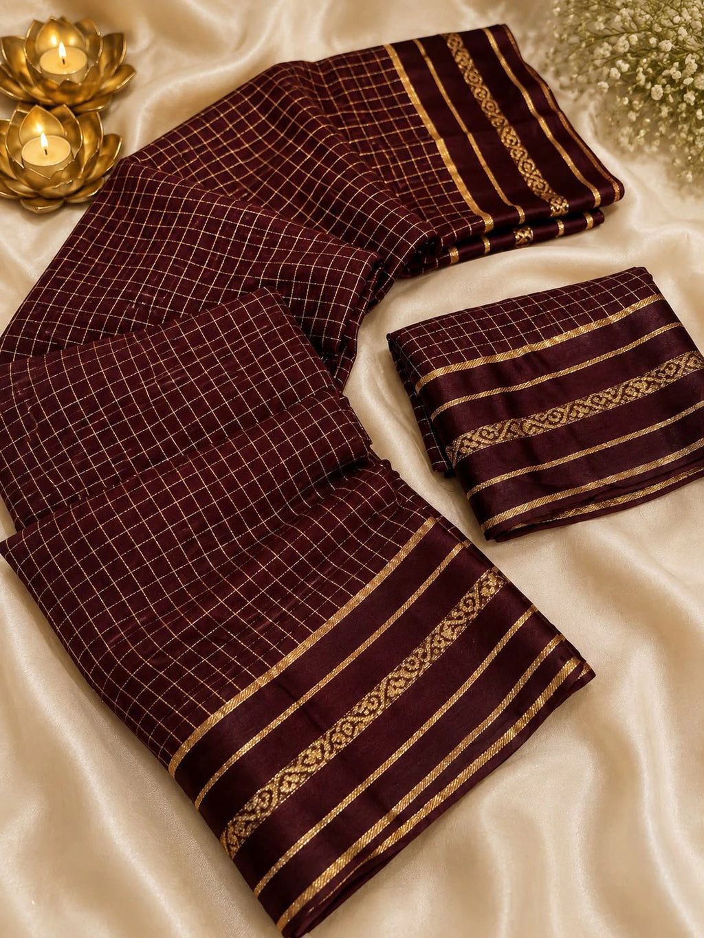 Viscose Georgette Chex Satin Border Saree with Running Blouse 2