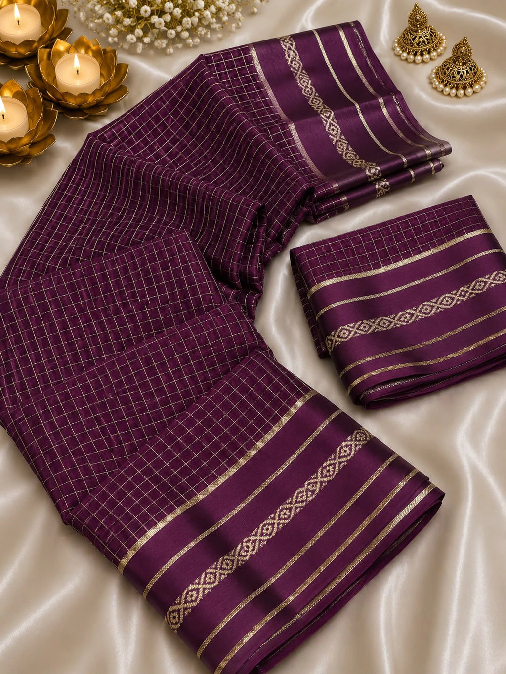 Viscose Georgette Chex Satin Border Saree with Running Blouse 9