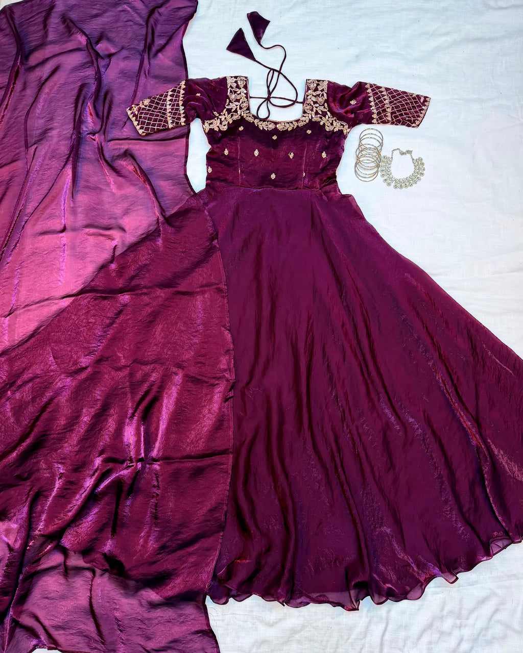 👑💗Luxurious Premium Fendy Satin Embroidery Work Gown With Dupatta👑💗 3