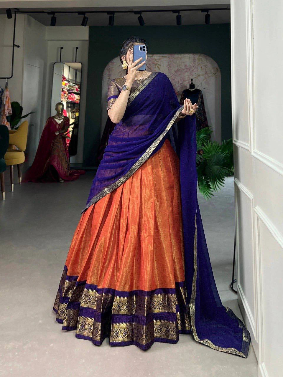 South-Style Kanchipuram Silk Lehenga Choli with Zari Weaving 9