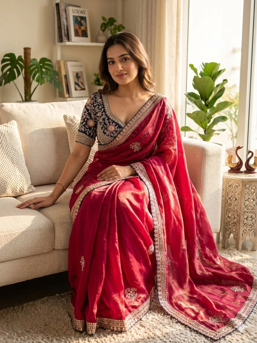 Satin Embroidered Saree with Blouse 1