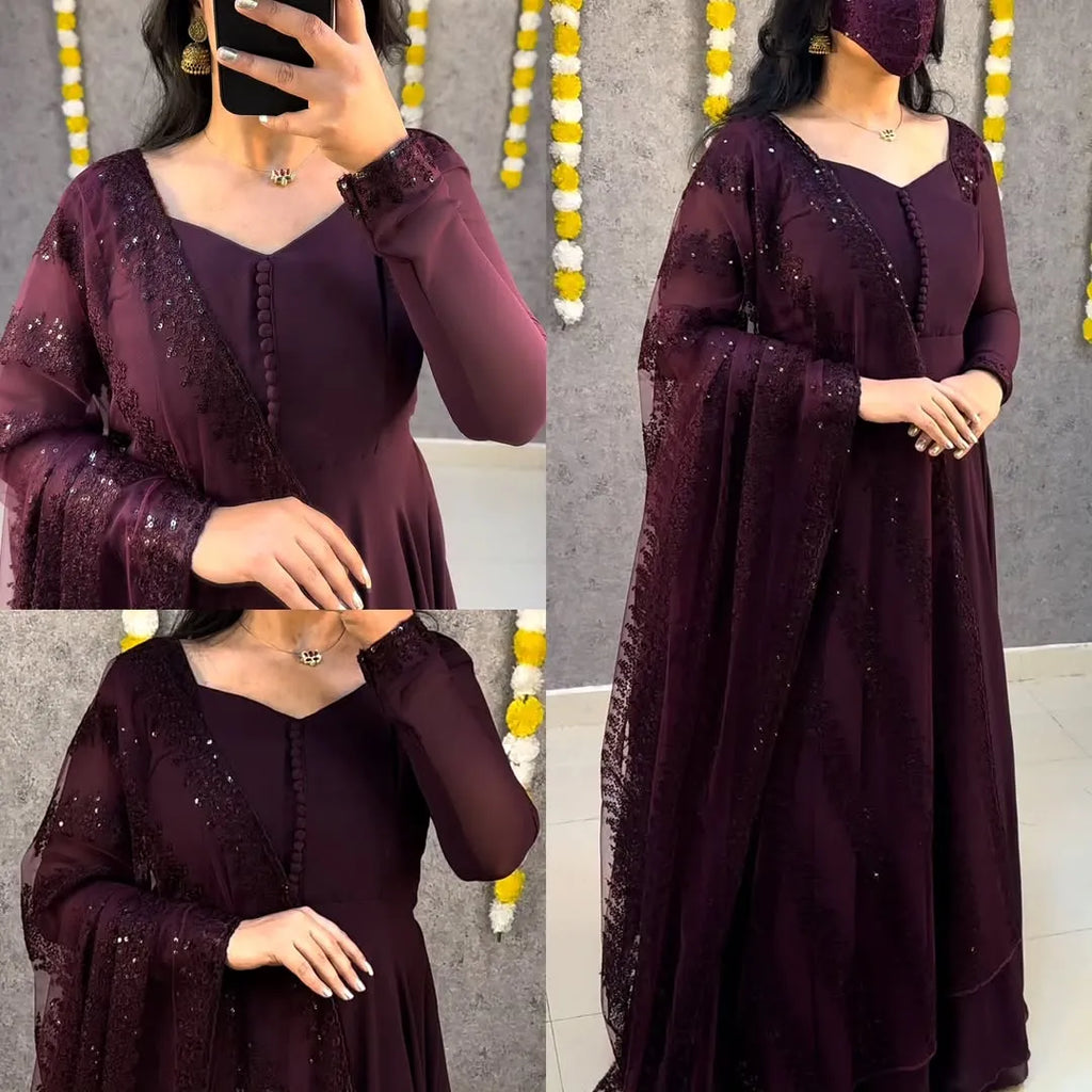 💜💜Premium Faux Georgette Gown With Embroidery Dupatta😍😍 9