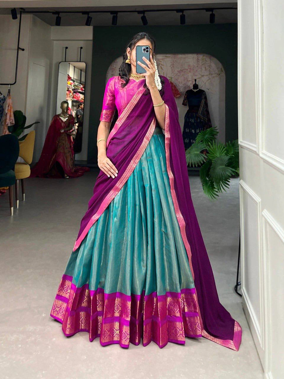 South-Style Kanchipuram Silk Lehenga Choli with Zari Weaving 5
