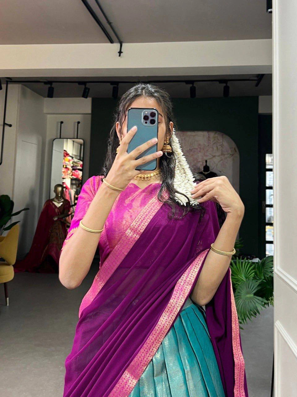 South-Style Kanchipuram Silk Lehenga Choli with Zari Weaving 6