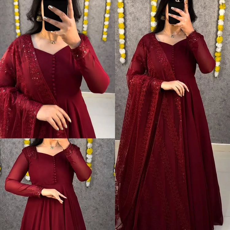 💜💜Premium Faux Georgette Gown With Embroidery Dupatta😍😍 1