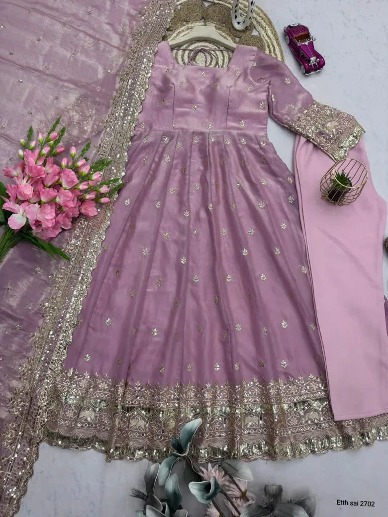 ❤️Designer Fendy Silk Embroidery Party Wear Gown Set💕 8
