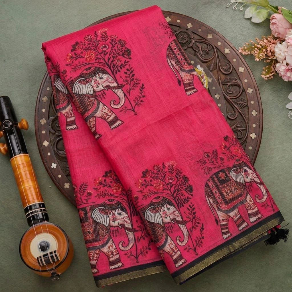 Soft Cotton Linen Saree with Elephant Print 6