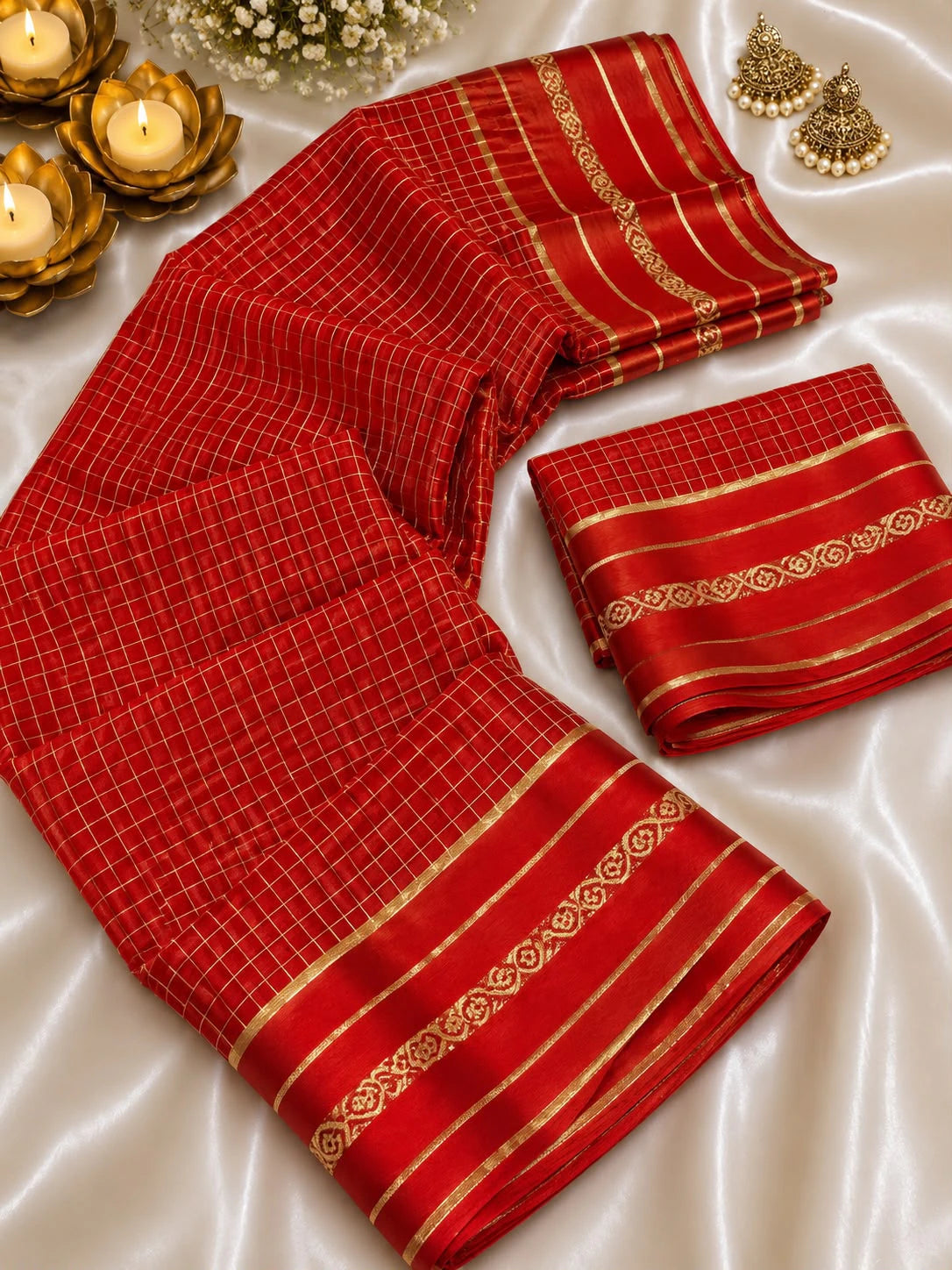 Viscose Georgette Chex Satin Border Saree with Running Blouse 4