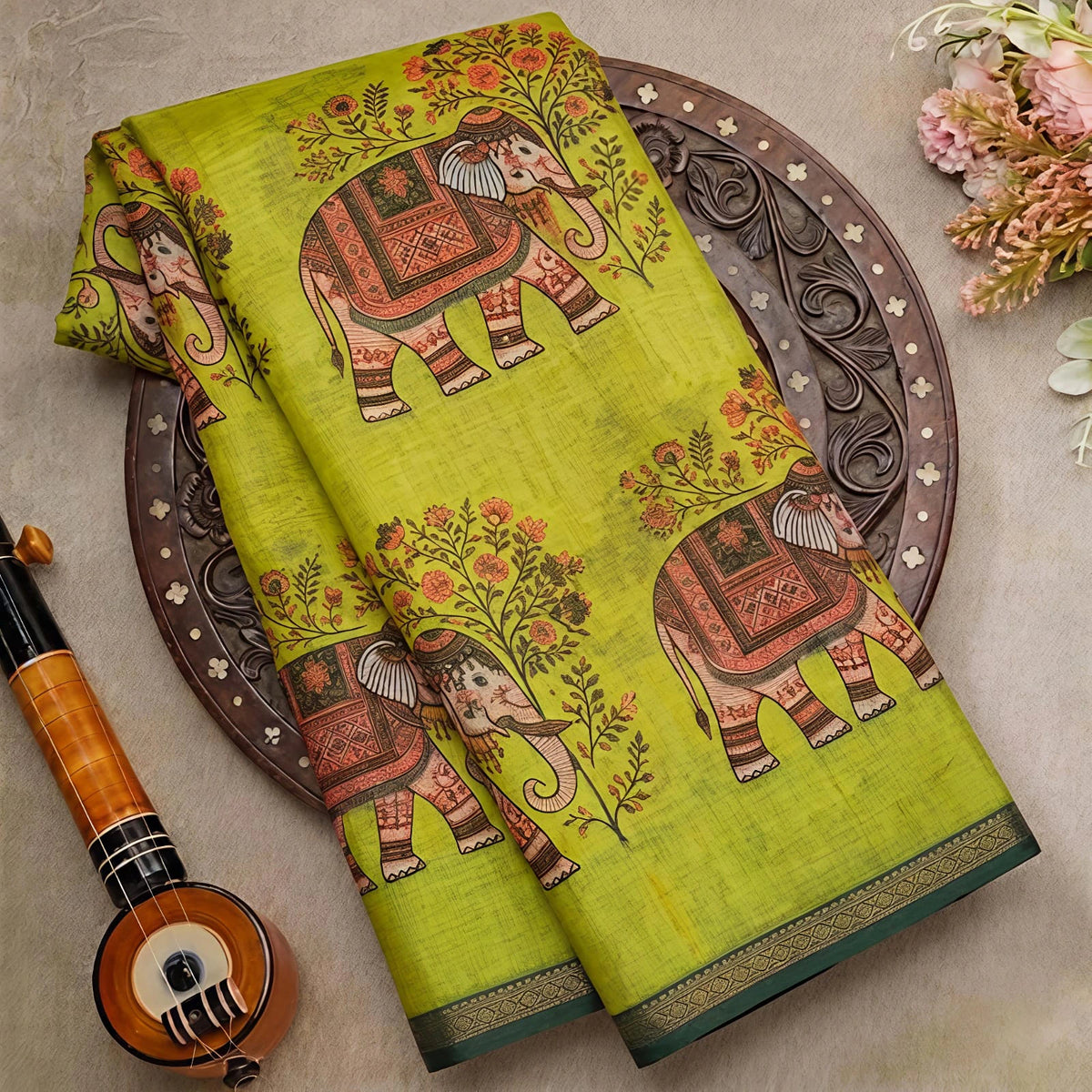 Soft Cotton Linen Saree with Elephant Print 2