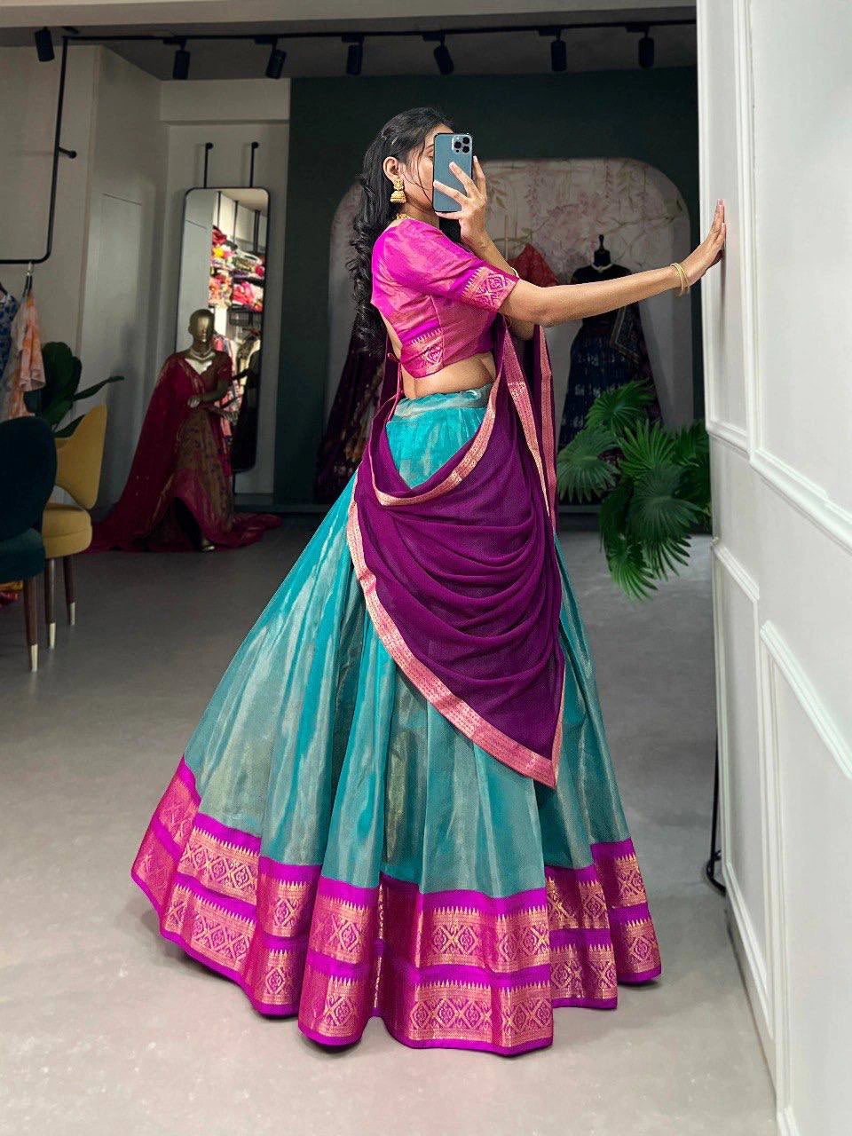 South-Style Kanchipuram Silk Lehenga Choli with Zari Weaving 7