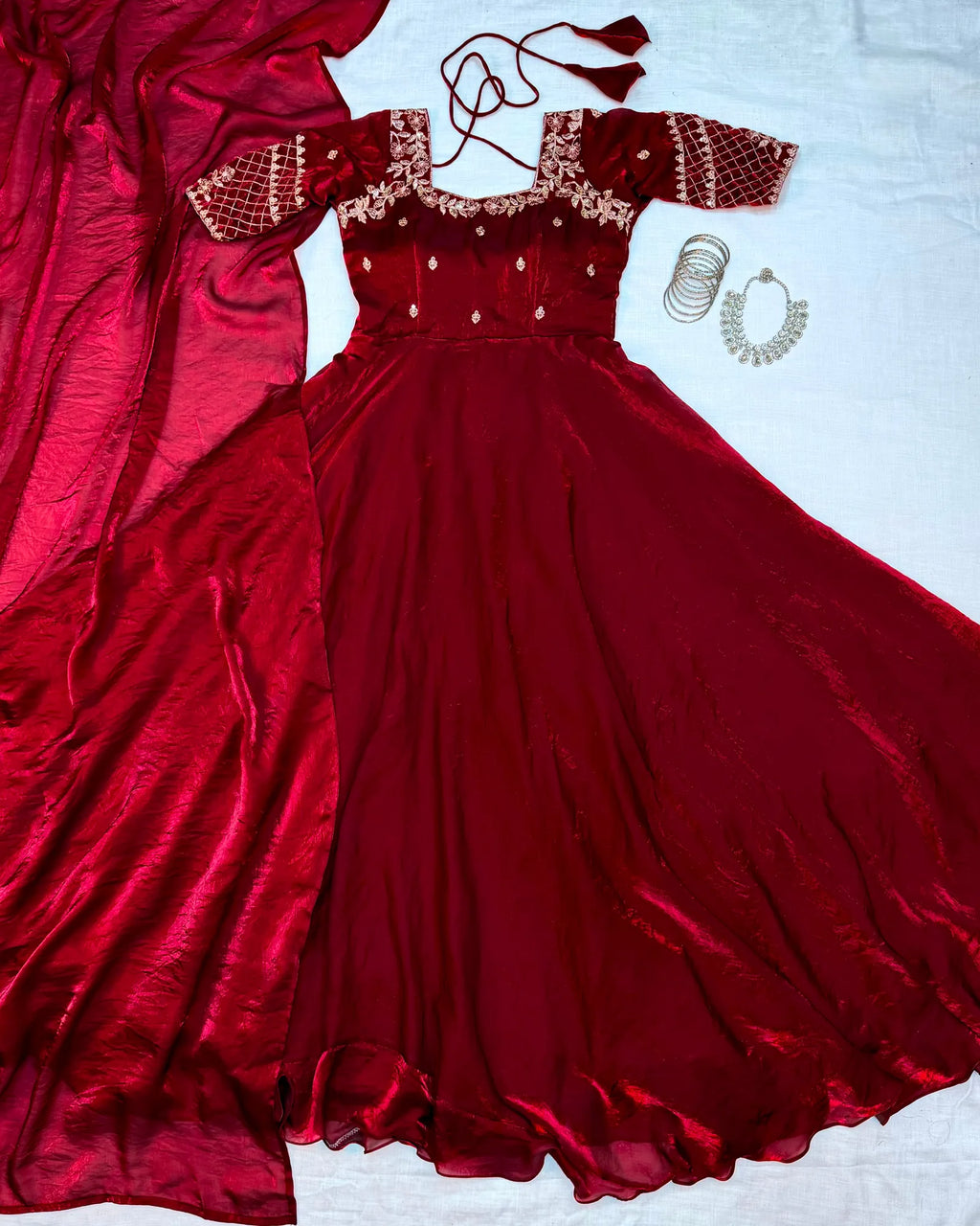 👑💗Luxurious Premium Fendy Satin Embroidery Work Gown With Dupatta👑💗 7