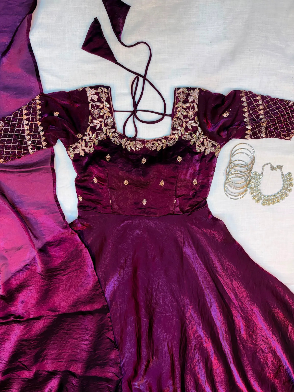 👑💗Luxurious Premium Fendy Satin Embroidery Work Gown With Dupatta👑💗 4