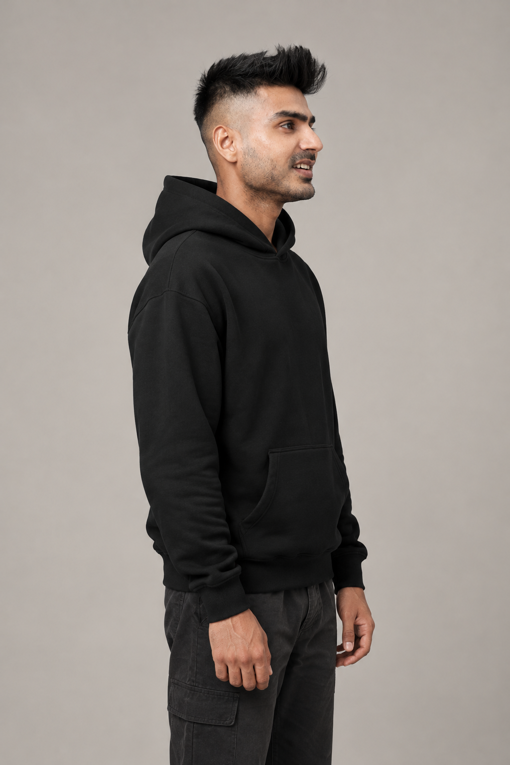 Black hoodie का right pose