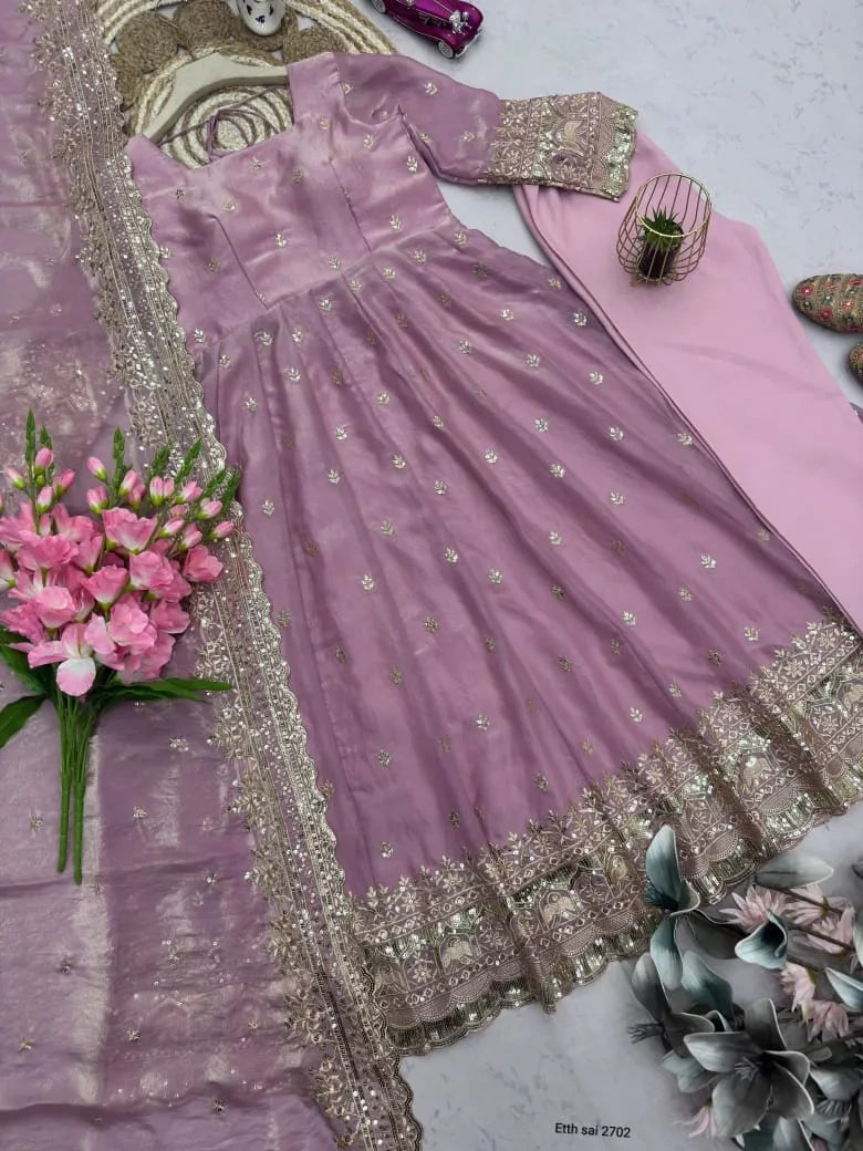 ❤️Designer Fendy Silk Embroidery Party Wear Gown Set💕 7