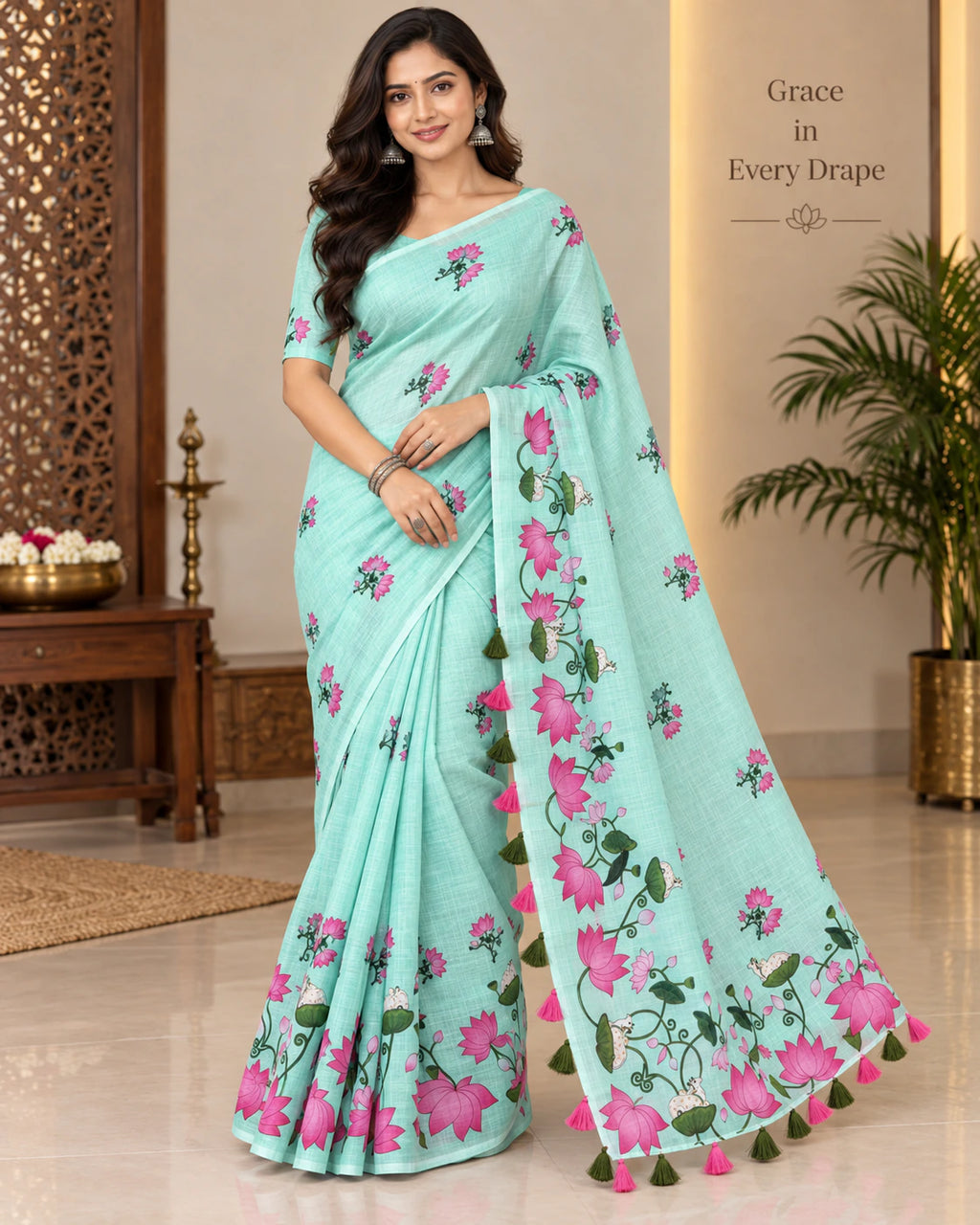 Linen Printed Saree with Blouse 9