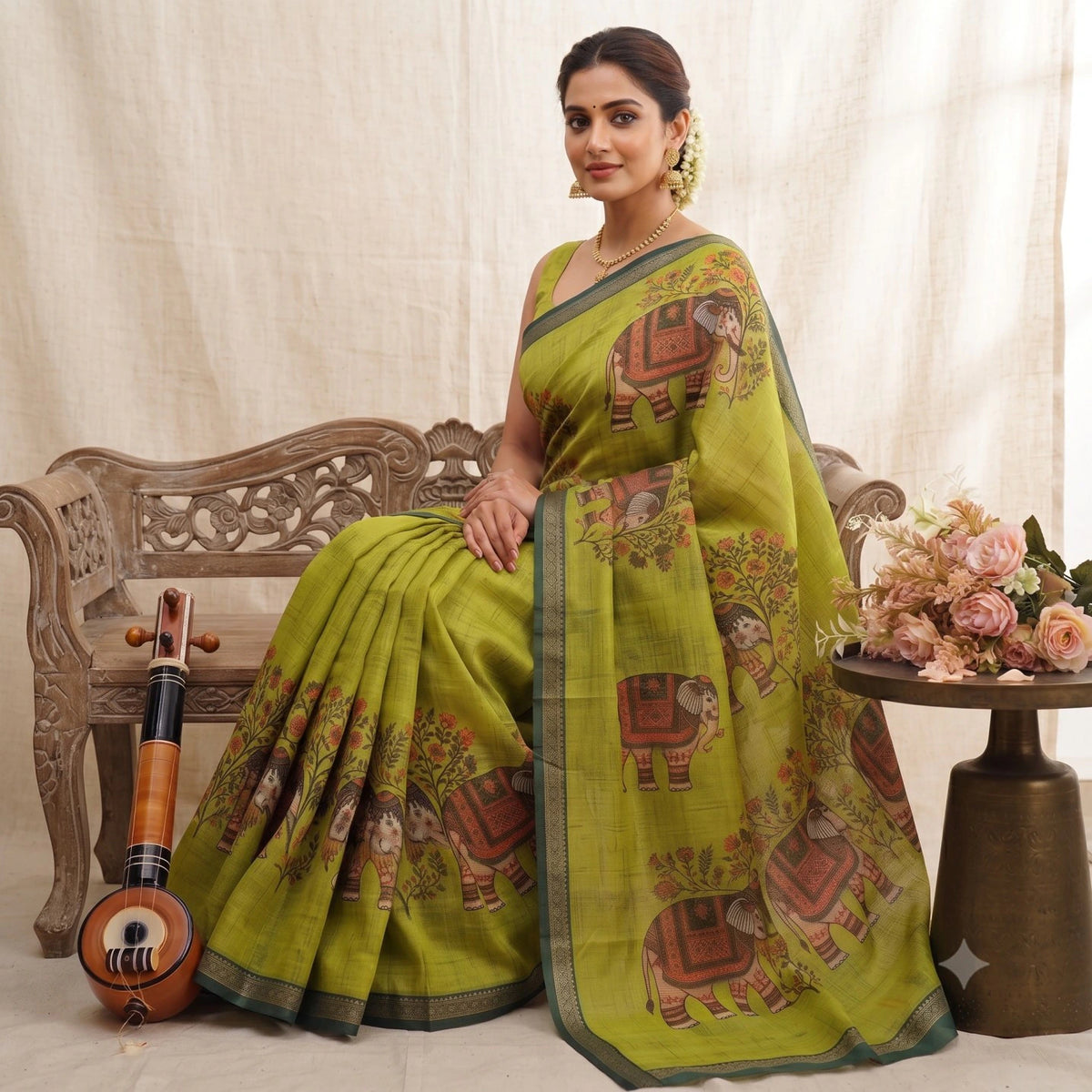 Soft Cotton Linen Saree with Elephant Print 5