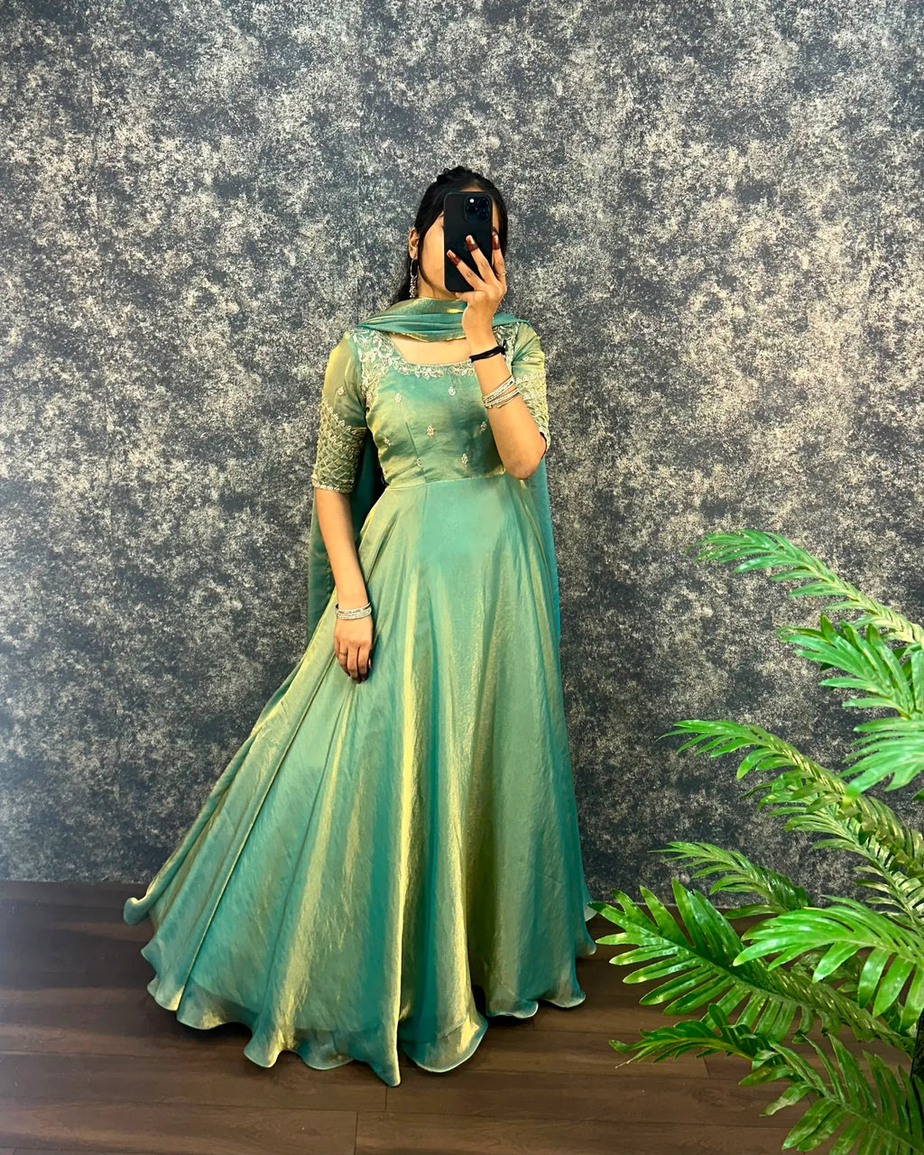 👑💗Luxurious Premium Fendy Satin Embroidery Work Gown With Dupatta👑💗 9