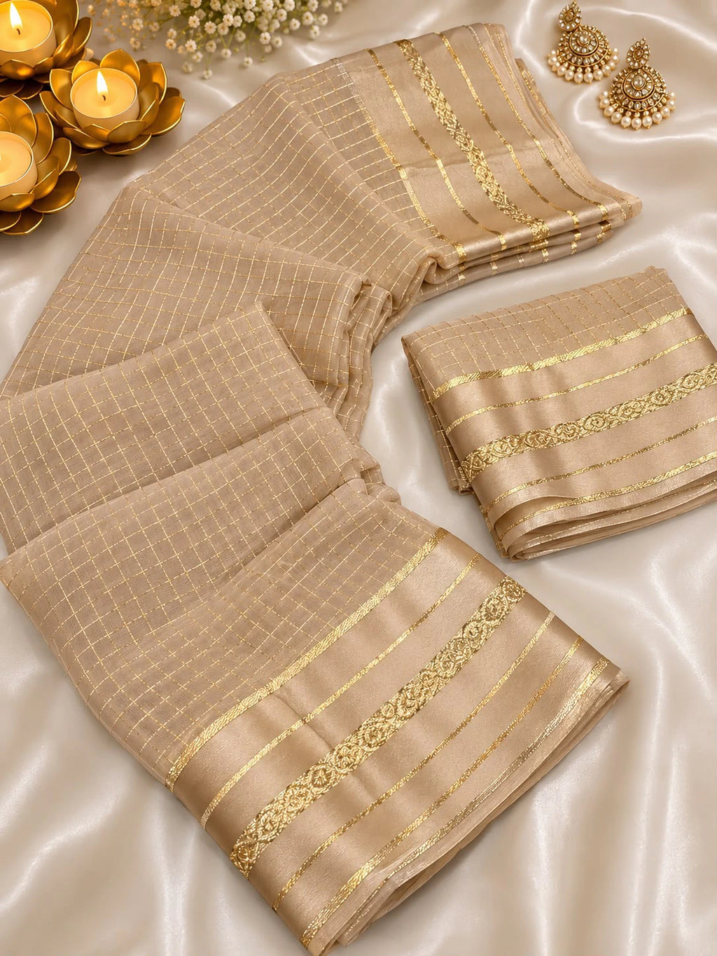 Viscose Georgette Chex Satin Border Saree with Running Blouse 5