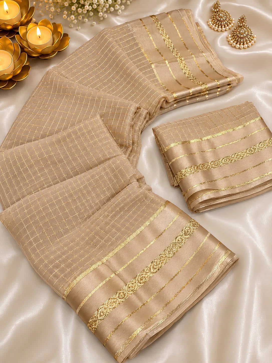 Viscose Georgette Chex Satin Border Saree with Running Blouse 5