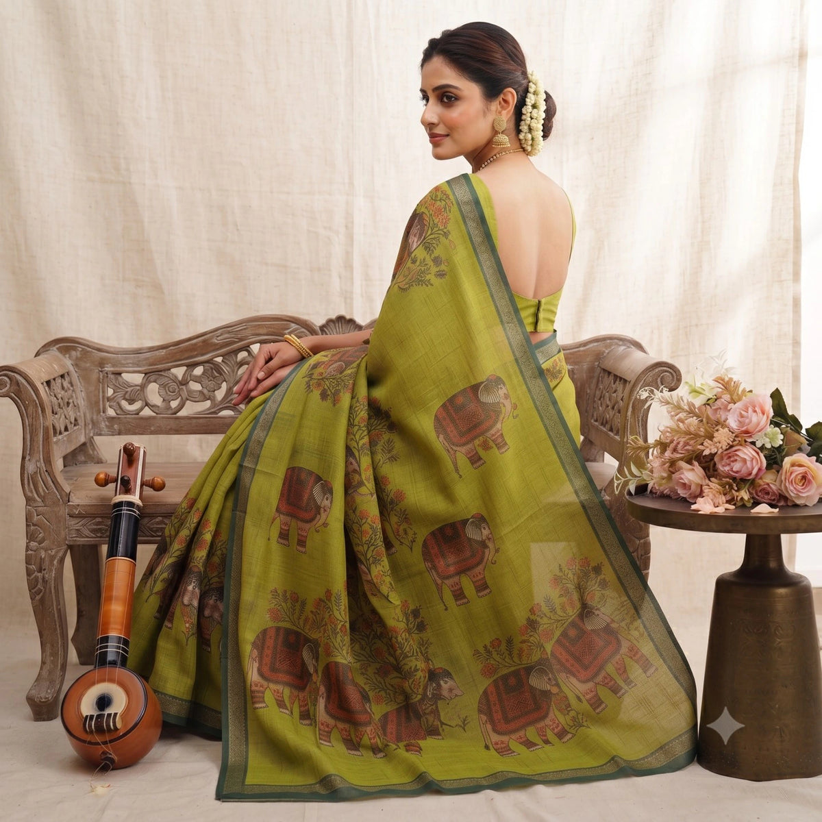 Soft Cotton Linen Saree with Elephant Print 3