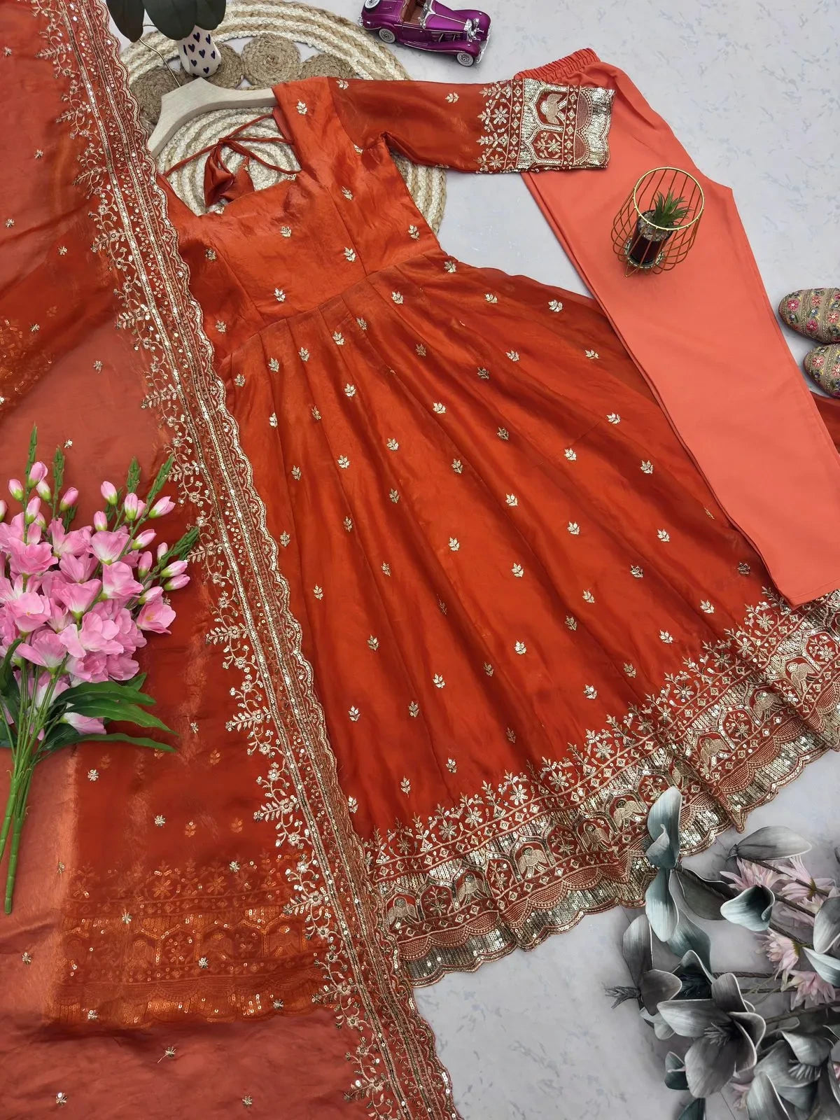 ❤️Designer Fendy Silk Embroidery Party Wear Gown Set💕 10
