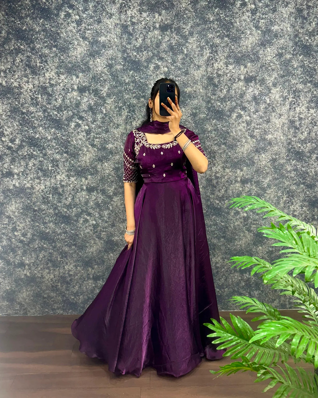 👑💗Luxurious Premium Fendy Satin Embroidery Work Gown With Dupatta👑💗 1