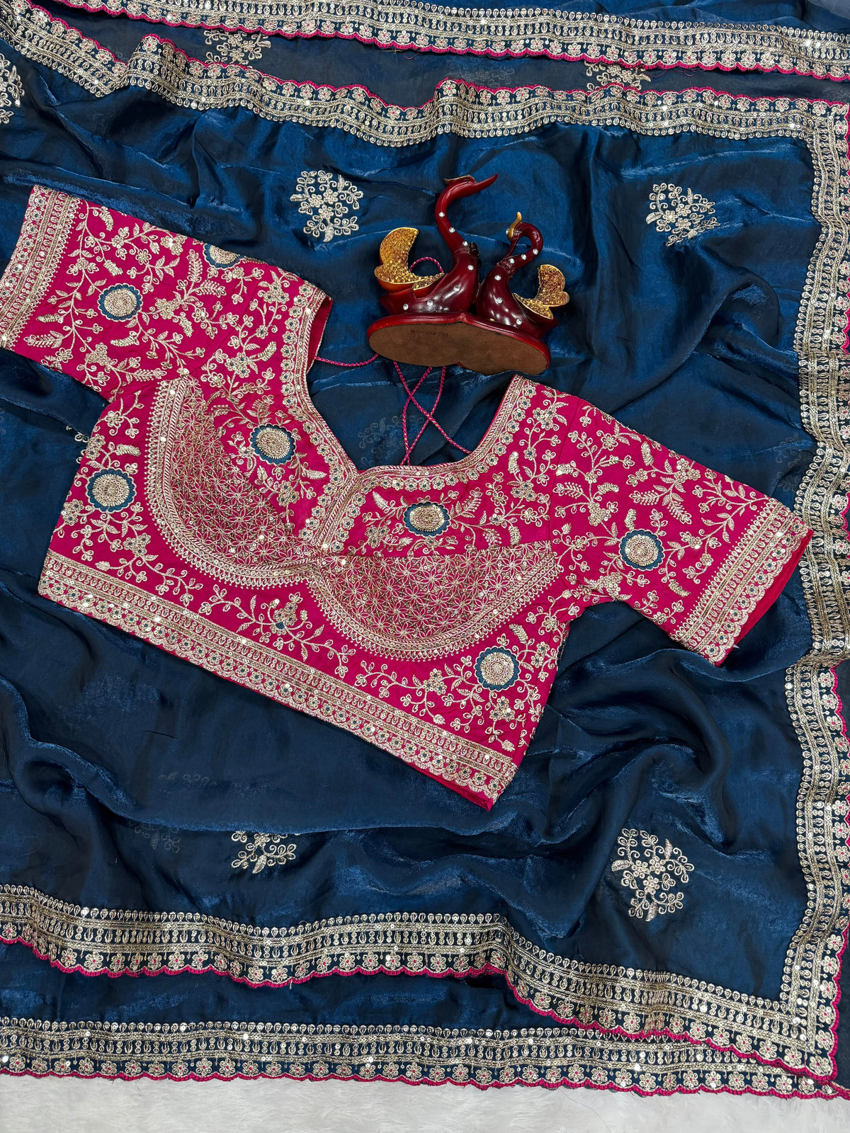 Satin Embroidered Saree with Blouse 7