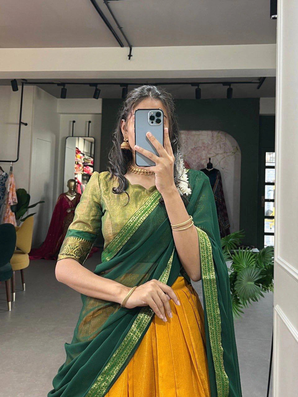 South-Style Kanchipuram Silk Lehenga Choli with Zari Weaving 3