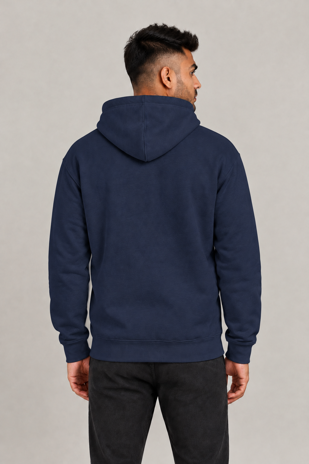 Navy blue hoodie back pose