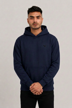 Navy blue hoodie में black embroidered logo