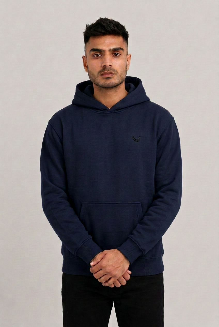Navy blue hoodie में black embroidered logo
