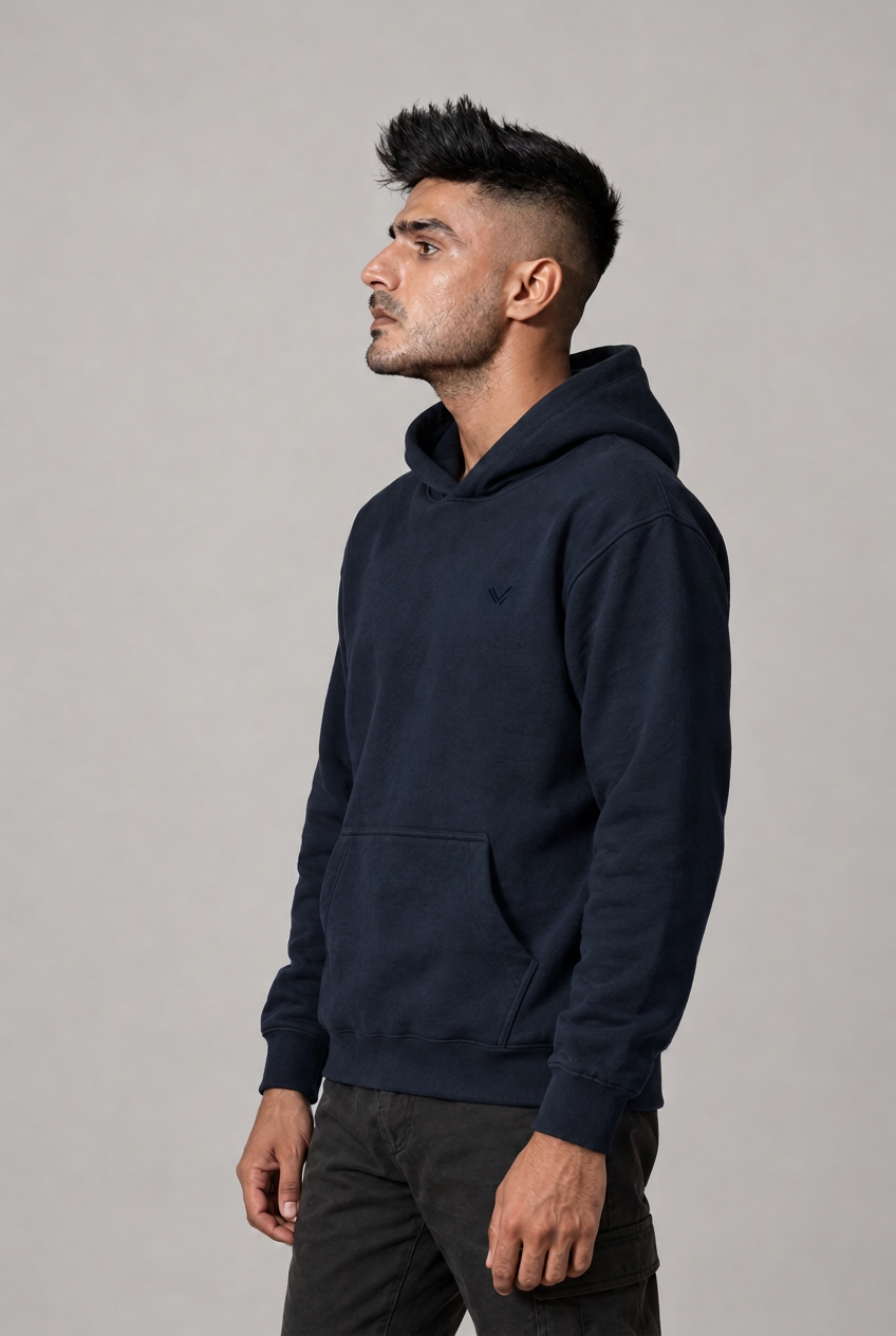 Navy blue hoodie में same side pose