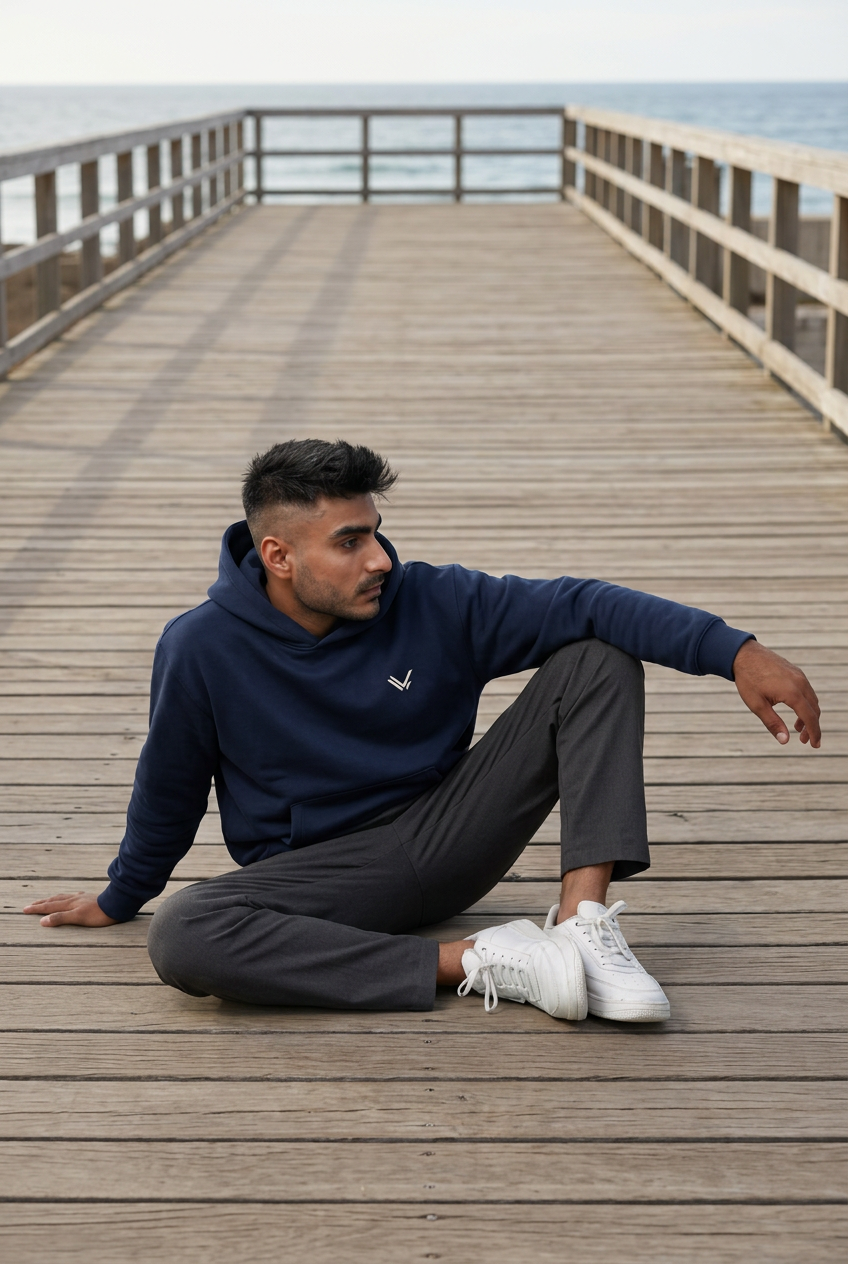 Navy hoodie में coastal boardwalk look