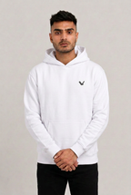 White hoodie पर छोटा black embroidered symbol